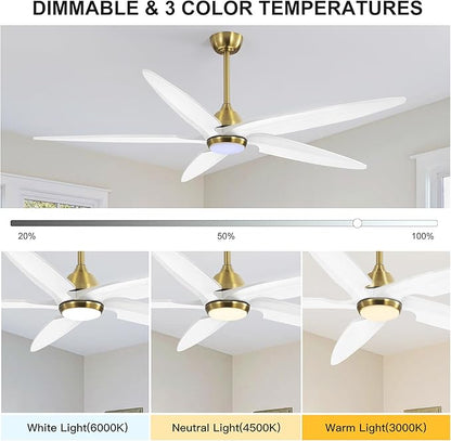 64 Inch Modern Ceiling Fan with Lights and Remote, 5 Wood Blades, 6-Speed Noiseless Reversible DC Motor with Replaceable Downrods for Bedroom Living Room Dining Room, Gold and White