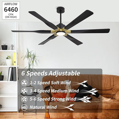 68 Inch Ceiling Fan with Lights and Remote Control, 6 Reversible ABS Blades, 6-Speed Noiseless DC Motor with 4.5" / 12" / 24" Downrods for Bedroom Dining Living Room, Gold and Black