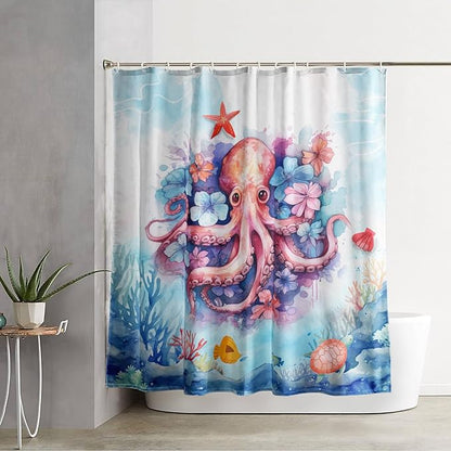 AILONEN Sea Octopuses Shower Curtain Set, Cartoon Octopus with Flowers Waterproof Fabric Shower Curtain,Watercolor Blue Ocean World Cloth Bath Curtain for Bathroom Decor with Hooks,72" Wx96 H