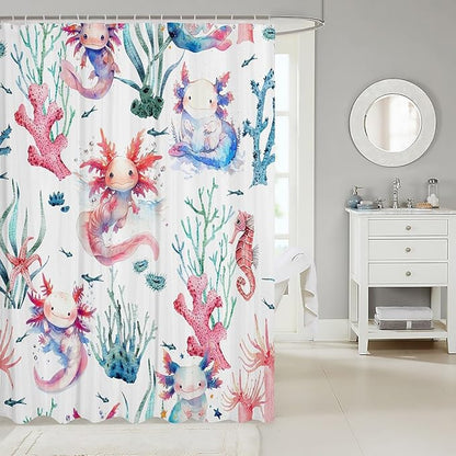 Feelyou Cartoon Axolotl Bathroom Waterproof Accessories with 12 Hooks Watercolor Salamander Fabric Shower Curtain for Kids Boys Girls Green Corals Shower Curtain Sealife Curtains,72X72 Inches