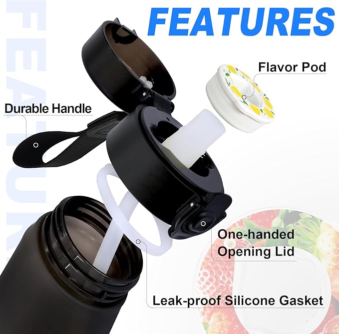 Air Water Bottle with Flavor Pods Tritan, 25oz Sports Water Bottle with Straw Leak-proof, Scented Water Bottle with Carrying Strap(Black+3 Flavor Pods)