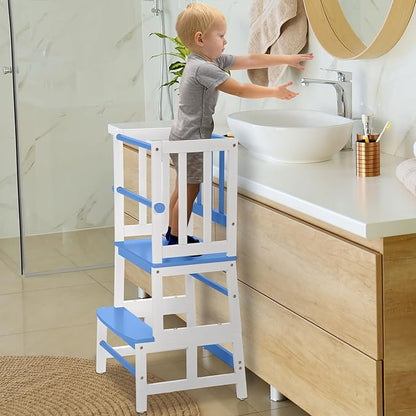 COSYLAND Kids Kitchen Step Stool, Toddler Standing Tower with CPC & FSC Certification, Removable Anti-Drop Railing Safety Rail Enjoys Unique Patented Design A Anti-tip Stable Structure Blue & White
