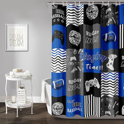 AILONEN Gamepad Shower Curtain,Navy Blue Ball Sports Bathroom Shower Curtain Sets for Boys Kids Teens, 72" W*78" H Gaming Gamer Theme Shower Curtain for Bathroom