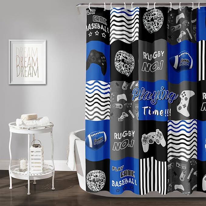 AILONEN Gamepad Shower Curtain,Navy Blue Ball Sports Bathroom Shower Curtain Sets for Boys Kids Teens, 72" W*96" H Gaming Gamer Theme Shower Curtain for Bathroom