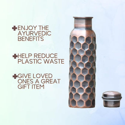 Copper Water Bottle 34oz, Hammered Antique Copper Bottle with Lid Leakproof, Ayurvedic Copper Vessel to Drink More Water for Yoga Gym Sports Travel Daily Use