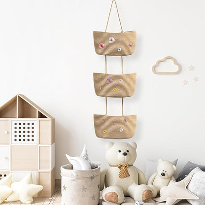 TeoKJ Over the Door Hanging Basket, 3-Tier Woven Cotton Wall-Mounted Storage Organizer with Self Adhesive Flowers Stick Decorative Hanging Nursery Baskets - Jute