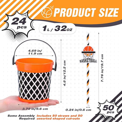 24 Pcs 32oz Basketball Party Favors Rum Buckets Plastic Basketball Cocktail Buckets for Drinks Plastic Ice Pail Bulk with Handle and Straw Reusable Punch Bowls for Drinkware Beer Beverage