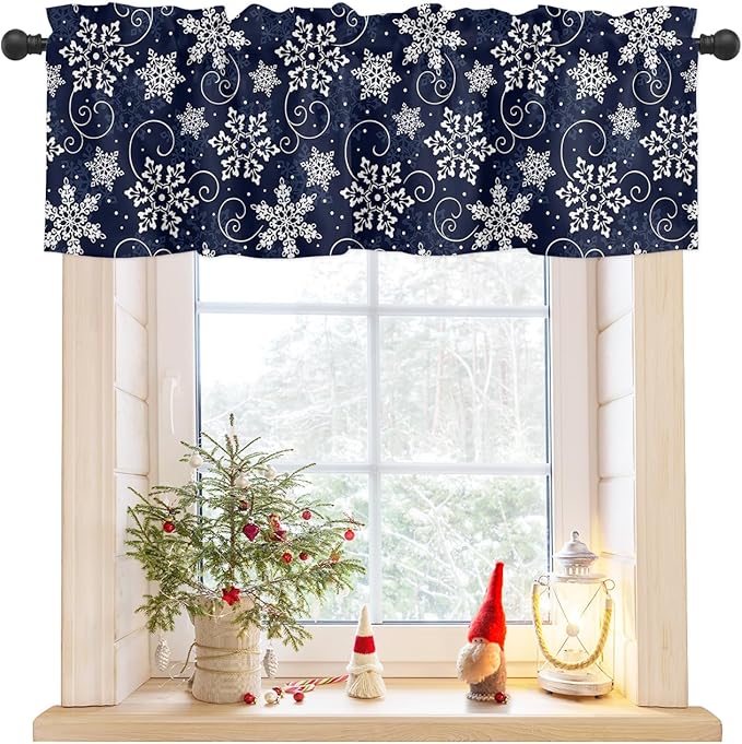 Christmas Valance Curtains for Kitchen Windows White Navy Snowflakes Pattern Rod Pocket Window Treatment Toppers for Kitchen/Living Room/Bedroom/Bathroom, 54" X 18", Winter