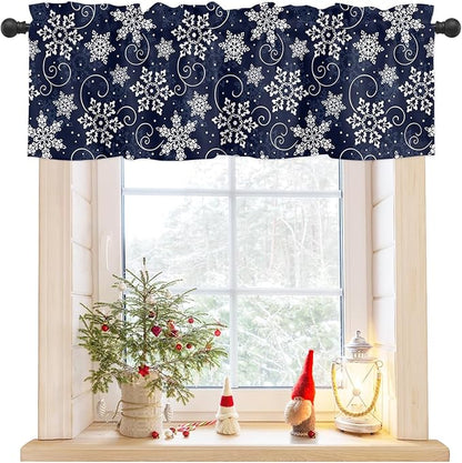 Christmas Valance Curtains for Kitchen Windows White Navy Snowflakes Pattern Rod Pocket Window Treatment Toppers for Kitchen/Living Room/Bedroom/Bathroom, 54" X 18", Winter