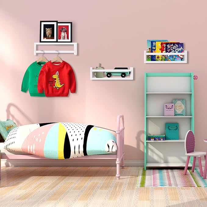 Nursery Floating Shelves for Kids Room, Set of 3 Wall Book Shelves for Kitchen Living Room, Book Shelf Wall Mounted for Baby Kids Bedoom Bathroom (White, 16inch Set 3)