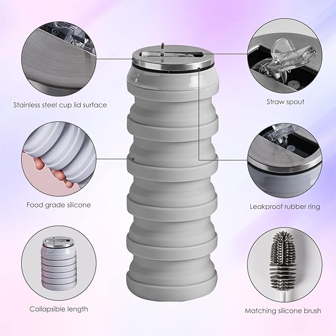 BeHeSo Collapsible Water Bottles with Silicone Brush - Straw Silicone Foldable Water Bottle Reusable Camping Cup Leak Proof Portable Travel Sport Water Bottle-500ml/17oz (Grey)