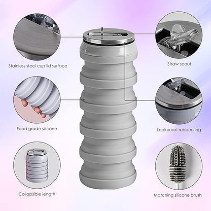 BeHeSo Collapsible Water Bottles with Silicone Brush - Straw Silicone Foldable Water Bottle Reusable Camping Cup Leak Proof Portable Travel Sport Water Bottle-500ml/17oz (Grey)