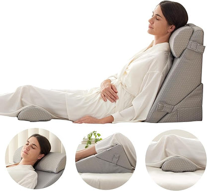 Adjustable 4pcs Bed Wedge Pillow Set, Memory Foam Wedge Pillow Post Surgery for Back, Neck, Leg Pain Relief, Pillow Wedge for Sleeping, Sitting up in Bed, Acid Reflux and GERD, Grey