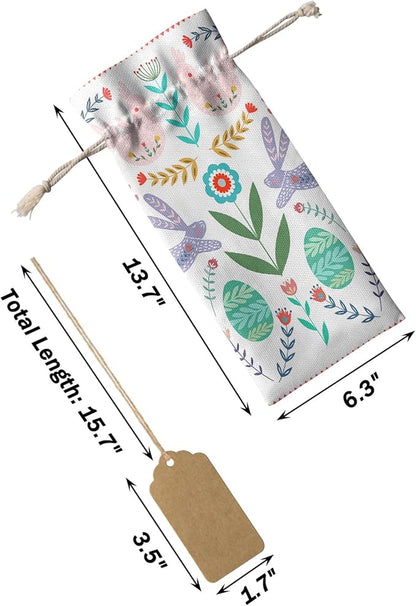 10 Pack Wine Bottle Bags, Spring Easter Floral Wine Bottle Cover with Drawstring, Colorful Eggs Rooster Bunny Sheep Plant Gift Bag for Champagne Wedding Birthday Party