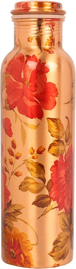 Pure Copper Water Bottle - Handcrafted - Ayurveda health benefits - Large 35 oz - Leak proof, Easy to carry for Sports, Fitness, Yoga, School - Natural Copper Finish Floral Colorful Enamel
