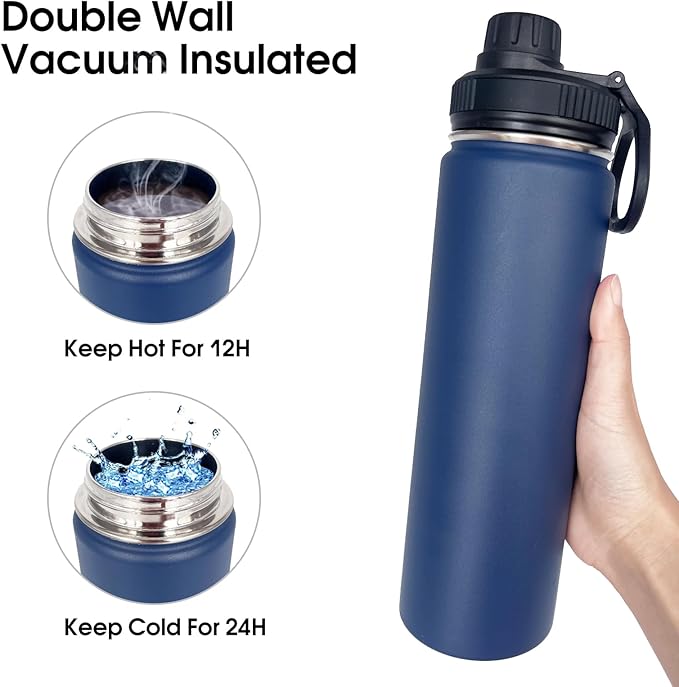 4pack 22 oz Insulated Water Bottle With Straw, Stainless Steel Sports Water Cup Flask with 2 Lids, Wide Mouth Travel Thermal Mug,Navy
