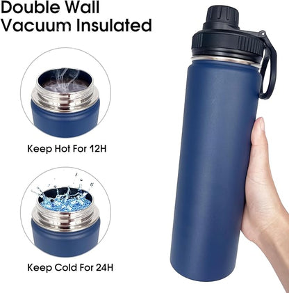 4pack 22 oz Insulated Water Bottle With Straw, Stainless Steel Sports Water Cup Flask with 2 Lids, Wide Mouth Travel Thermal Mug,Navy