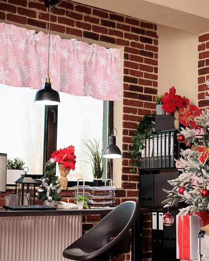 Christmas Valance Curtains for Kitchen Windows Pink White Snowflakes Pattern Rod Pocket Window Treatment Toppers for Kitchen/Living Room/Bedroom/Bathroom, 42" X 18", Winter