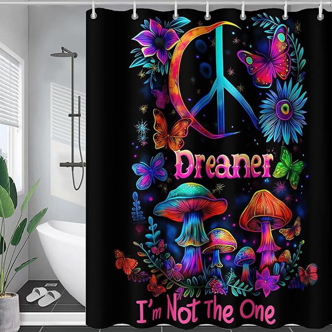 AILONEN Mushroom Shower Curtain for Bathroom,Butterfly Flower Design,Polyester Fabric,Waterproof,Blue Purple Fungus Plants Black Bath Curtains Washable,with 12 Plastic Hooks, 72" W x 96" H