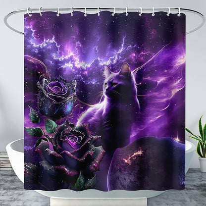 AILONEN 3D Cat Shower Curtain Set, Oil Purple Rose with Black Cat Cloth Bath Curtain for Kids Boys Girls,Boho Starry Night Shower Curtain for Bathroom,36" W*72" H