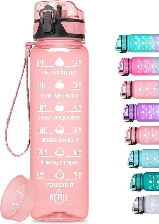 32oz/26oz Motivational Water Bottle with Time Marker & Fruit Strainer, Leak-proof BPA Free Non-Toxic 1l Bottle with Carrying Strap, Perfect for Fitness, Gym and Outdoor Sports Plastic
