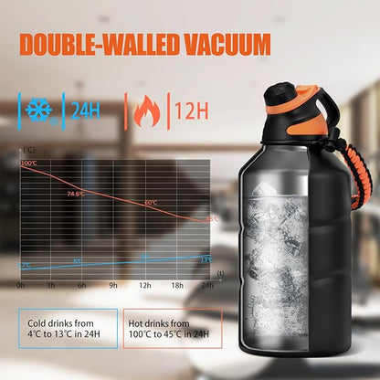 Insulated Half Gallon Water Bottle 64oz with Magnetic Lid,Stainless Steel Double-Wall Vacuum Leak Proof Sports Insulated Jug with Paracord Handle, Keep Water Hot & Cold for Outdoor,Gym