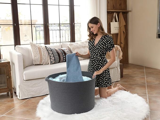 24" x 24" x 17" Max Size Large Cotton Rope Basket, Extra Large Storage Basket, Woven Laundry Hamper, Cloth Storage Bin, for Blankets Clothes Towels Pillows in Living Room, All Dark Grey