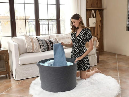 24" x 24" x 17" Max Size Large Cotton Rope Basket, Extra Large Storage Basket, Woven Laundry Hamper, Cloth Storage Bin, for Blankets Clothes Towels Pillows in Living Room, All Dark Grey