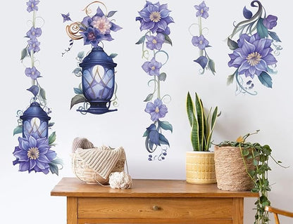 Hanging Flower Vine Wall Stickers Floral Lamp Wall Decals DIY Removable Peel and Stick Flower Vine Mural Art Decor for Living Room Bedroom TV Background Spring Party Decoration (Blue)