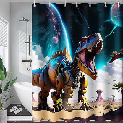 AILONEN Dinosaur Shower Curtain for Kids Boys Teens.Sky Blue Planet Dinosaur Bath Curtain for Bathroom,Machine Dinosaur Curtain Modern Polyester with 12 Plastic Hooks 72" W*84" H
