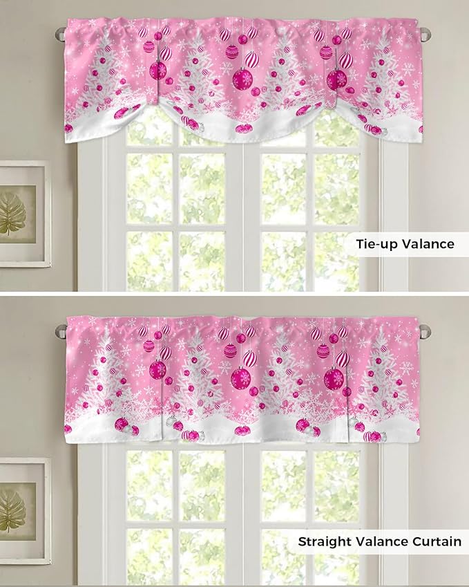 Pink Christmas Blackout Tie Up Valance Curtains for Kitchen Windows White Xmas Tree Snowflakes Pink Balls Window Toppers Balloon Shades for Living Room/Bathroom/Bedroom,1 Panel, 60" X 18", Winter