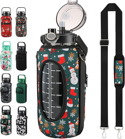 64oz Glass Water Bottle with Straw and Sleeve Half Gallon Motivational Water Bottle with Time Marke and Strap 2L Leakproof Borosilicate Water Jug for Gym Outdoors Christmas Gifts for Women