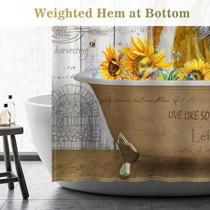 Aimego Extra Long Shower Curtain - Farmhouse Funny Cute Cow Sunflower Rustic Wooden Country Fabric Cloth Shower Curtain Set with 12 Hooks for Bathroom Decor Accessories Bathtub Curtain, 72"x84"