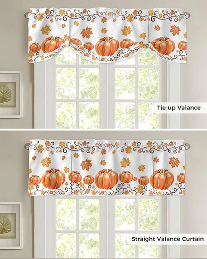 Fall Maple Leaves Blackout Tie Up Valance Curtains for Kitchen Windows Thanksgiving Watercolor Pumpkins Window Toppers Balloon Shades for Living Room/Bathroom/Bedroom,1 Panel,42" X 18" Orange