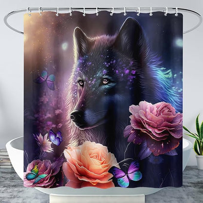 AILONEN Wolf Shower Curtain,Butterfly Flower Wolf Bath Curtain for Kids Boys Girls,Polyester Waterproof for Bathroom with 12 Plastic Hooks 72" W*84" H