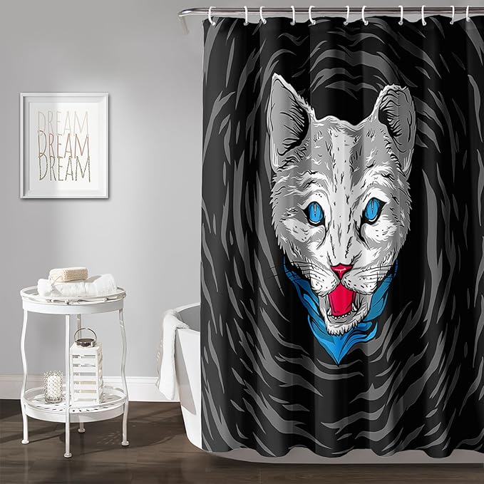 AILONEN Cat Shower Curtain,Cartoon Scream Cat Printed Bath Curtain for Teens,Polyester Waterproof for Bathroom,48" W*72" H with 12 Plastic Hooks