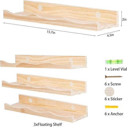 AZSKY Floating Bookshelf for Kids, Picture Ledge Shelf for Wall Decor and Storage 16 Inches Nursery Book Shelves Set 3, Baby Book Shelf for Kids Room Decor(Natural Wood) (Natural, 16Inch)