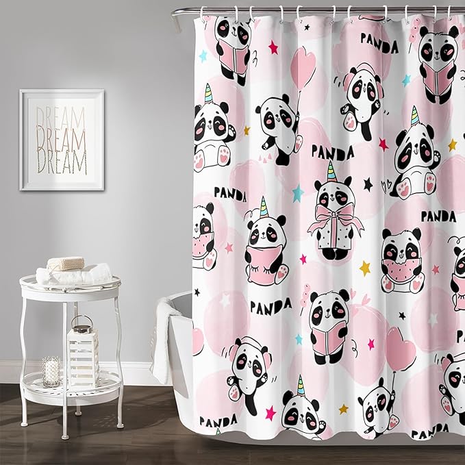 AILONEN Panda Shower Curtain for Bathroom, Cute Kawaii Panda Kids Bathroom Curtain,Pink Cartoon Bath Curtain 72" W*78" H Polyester Waterproof Bathroom Curtain with 12 Hooks
