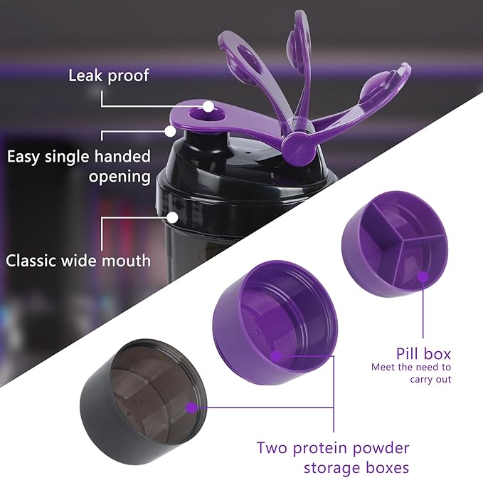Shaker Bottle,Protein Shaker with Powder Storage Container 18oz, Leak Proof ，Gym Bottle Portable Pre Workout for Mix & Drink Shakes & Smoothies,Dishwasher Safe,Purple
