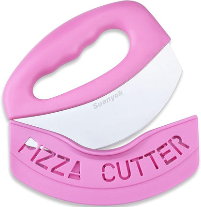 Premium Pizza Cutter Food Chopper-Super Sharp Blade Stainless Steel Pizza Cutter Rocker Slicer with Protective Sheath Multi Function Pizza Knife Kitchen Tools,Dishwasher Safe (Pink)