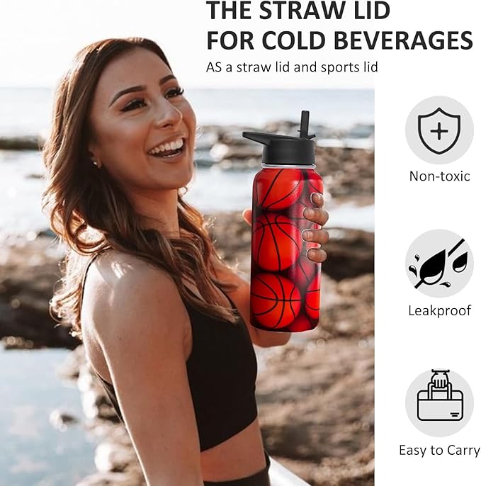 32 oz Basketball Water Bottle Insulated Vacuum Stainless Steel Sports Water Bottle with 2 Lids (Straw and Spout Lid) for Gym Camping Hiking