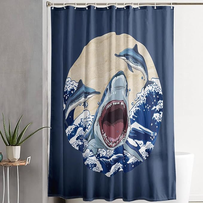 AILONEN Cartoon Shark Shower Curtain for Kids Boys Girls,Blue Ocean Wave with Shark Waterproof Fabric Shower Curtain for Bathroom,Jumping Dolphin Shower Curtain Set with Hooks,72" W*96" H