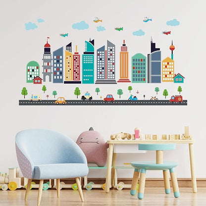 49pcs Cars City Wall Decals Removable Sticker for Kids Cartoon Cloud Skyscraper Construction Wall Stickers Airplane Kids Wall Decor Children's Day Gift Wallpapers for Nursery Classroom Playroom