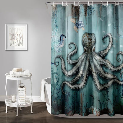 AILONEN 3D Ocean Octopus Shower Curtain Set for Bathroom,Sea Turtle Seahorse Animal Bath Curtain,Ocean Theme Waterproof Fabric Shower Curtain with Hooks,72" W*96" H