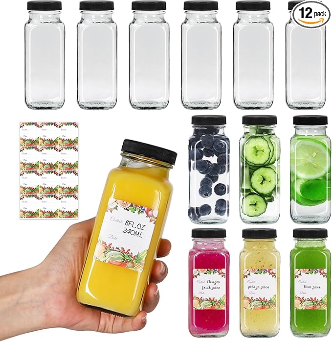 8 oz Glass Bottles with Lids 12Pack, 240ml Glass Bottles for Juicing, Water, Kombucha - Portable Glass Juice Bottles with Lids 8 oz (8fl.oz, Set of 12)