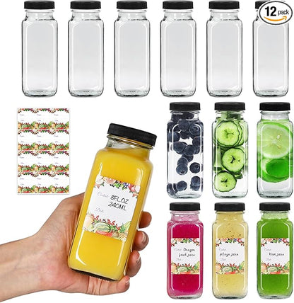 8 oz Glass Bottles with Lids 12Pack, 240ml Glass Bottles for Juicing, Water, Kombucha - Portable Glass Juice Bottles with Lids 8 oz (8fl.oz, Set of 12)