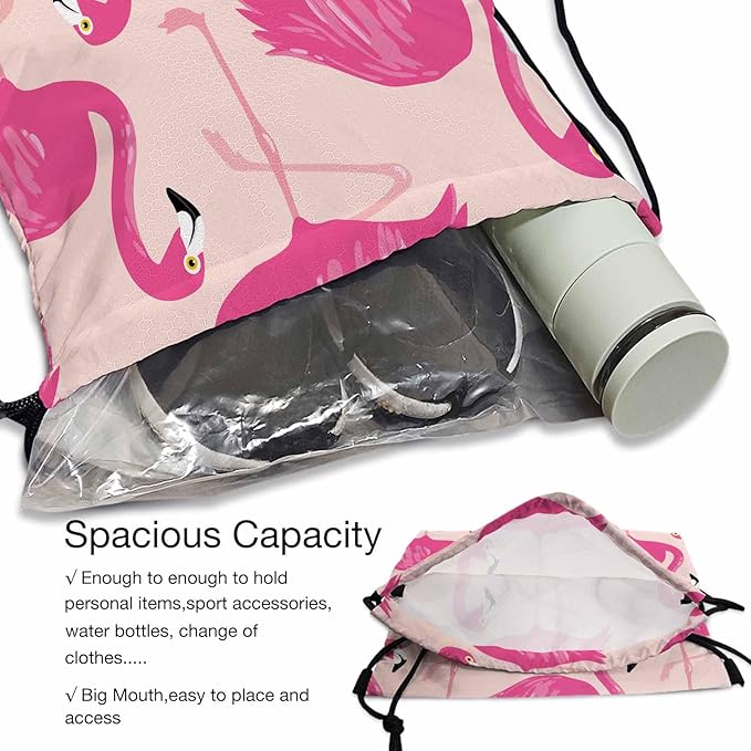 Drawstring Backpack Pink Flamingos Lightweight Gym Backpack Wildlife Tropical Bird Safari Romantic for Women Men 14x16.9 Inch