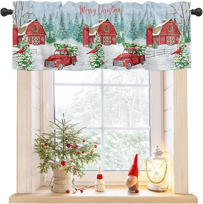 Red Truck Christmas Valance Curtains for Kitchen Windows Merry Christmas Farmhouse Rod Pocket Window Treatment Toppers for Kitchen/Living Room/Bedroom/Bathroom, 60" X 18", Winter Xmas Tree