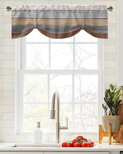 Farmhouse Fall Blackout Tie Up Valance Curtains for Kitchen Windows, Brown Grey Window Toppers Balloon Shades for Living Room/Bathroom/Bedroom,1 Panel,42" X 18" Retro Rustic Barn Wood Texture