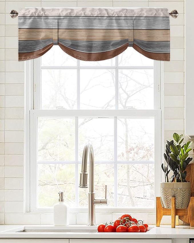 Farmhouse Fall Blackout Tie Up Valance Curtains for Kitchen Windows, Brown Grey Window Toppers Balloon Shades for Living Room/Bathroom/Bedroom,1 Panel,60" X 18" Retro Rustic Barn Wood Texture